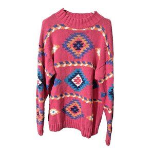 Bonne A Natural Choice Pink Aztec Geometric Pattern Cotton Sweater Size Large